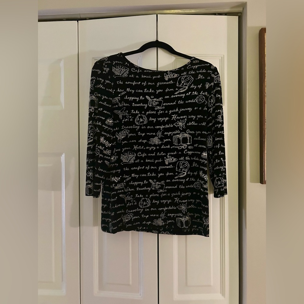 Women’s Black Textured Blouse W/ Slouchy White Writing & Patterning Approx. Sz M